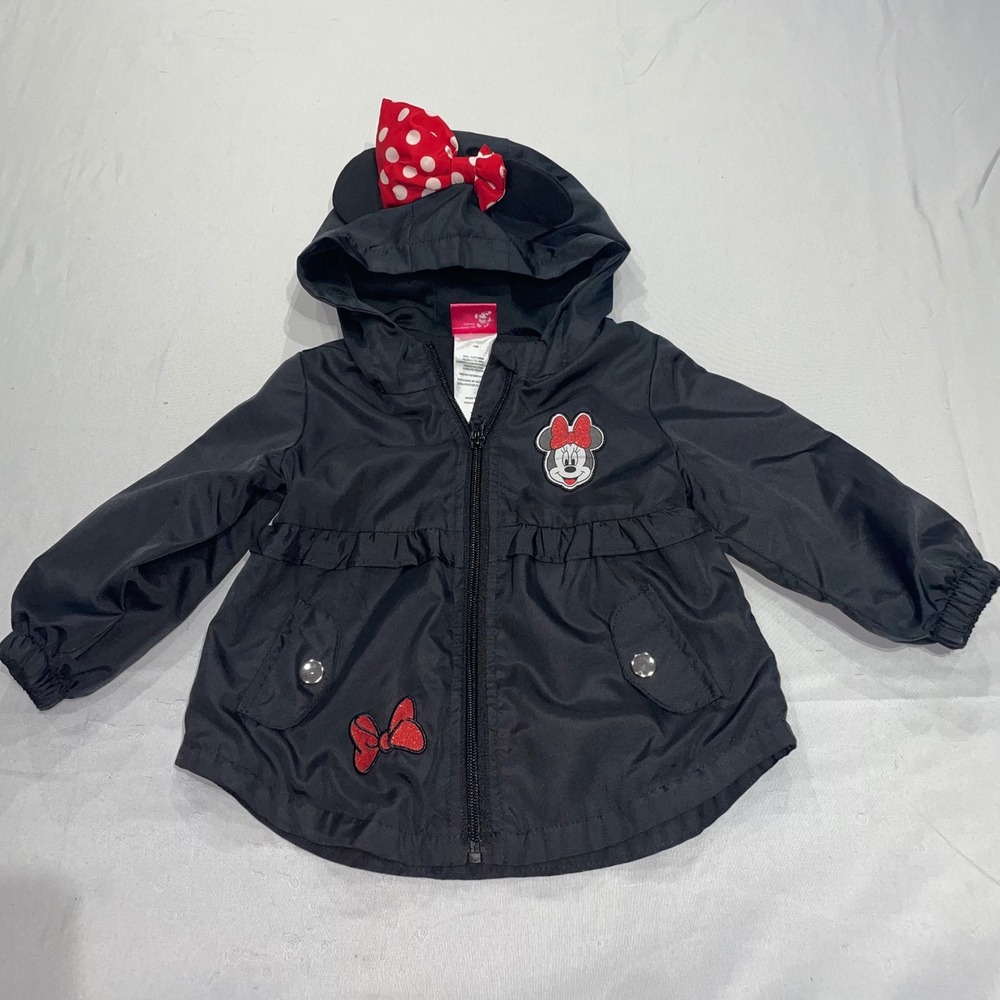 Disney Minnie Mouse Girls Black Hooded Windbreaker Jacket 18M Ears Bow Ruffle